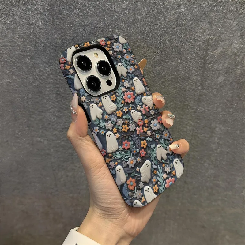 Ghosts And flowers Phone Case, 3D Spooky Ghosts Floral Phone Case, Ghost Hunting Phone Case