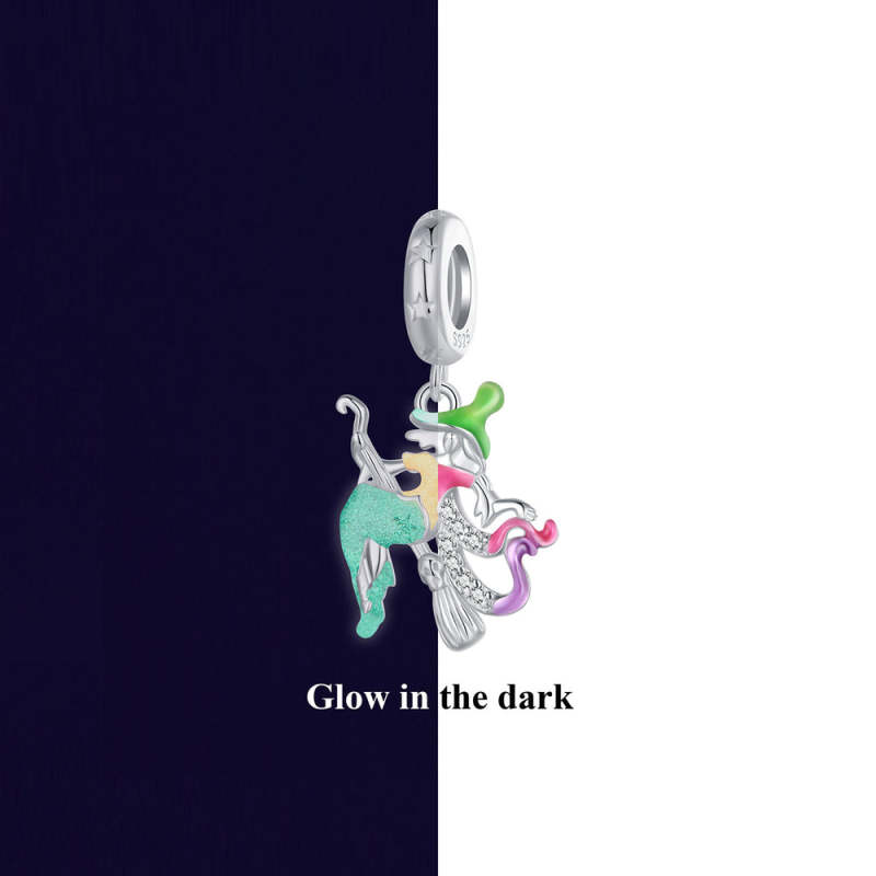 Glow-in-the-dark Halloween Witch Dangle Charm Silver 3