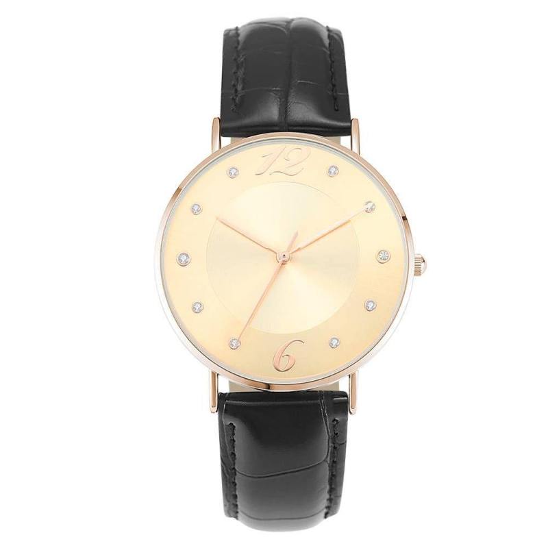 Golden Dial Watch Fashion Quartz Black Leather Strap - Men's 6