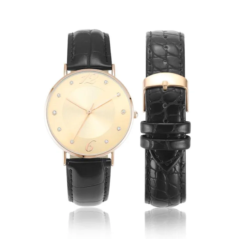 Golden Dial Watch Fashion Quartz Black Leather Strap - Women's 4