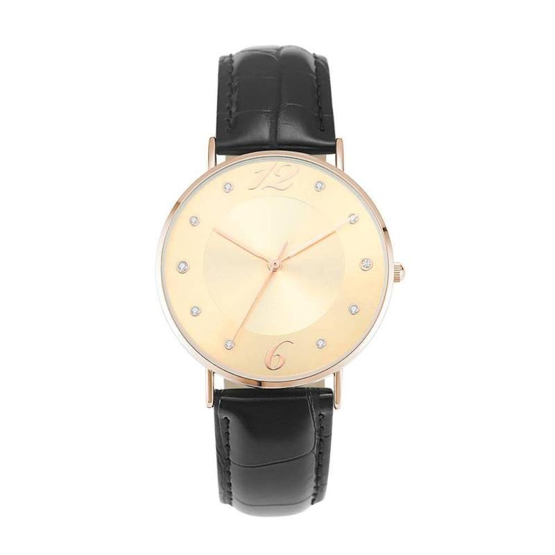 Golden Dial Watch Fashion Quartz Black Leather Strap - Women's 6