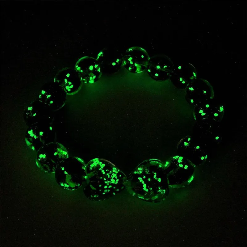 Grass Green Heart-to-Heart Firefly Glass Stretch Beaded Bracelet Glow in the Dark Luminous Bracelet 1