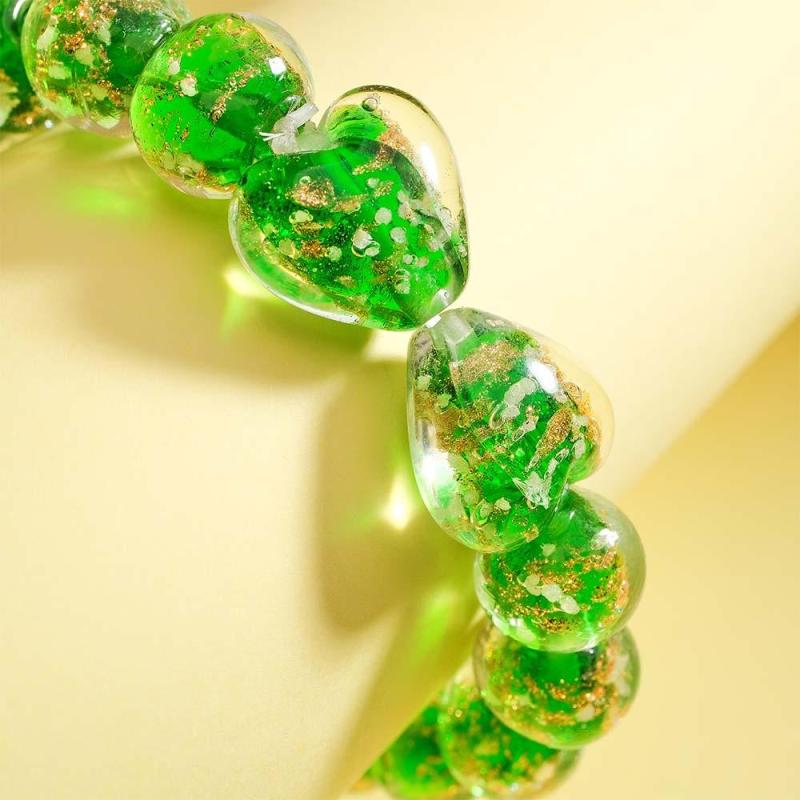 Grass Green Heart-to-Heart Firefly Glass Stretch Beaded Bracelet Glow in the Dark Luminous Bracelet 2