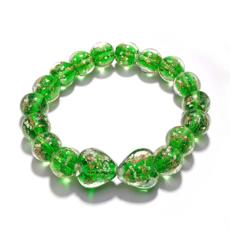 Grass Green Heart-to-Heart Firefly Glass Stretch Beaded Bracelet Glow in the Dark Luminous Bracelet