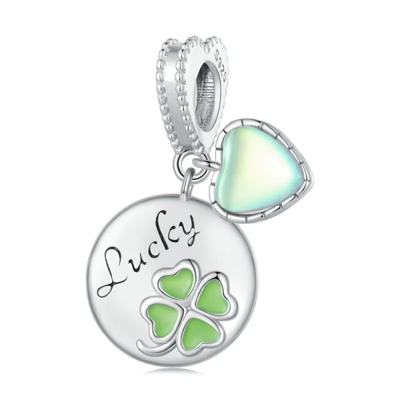 Green Four-leaf Clover Round Shape with Glass Heart Lucky Dangle Charm Silver