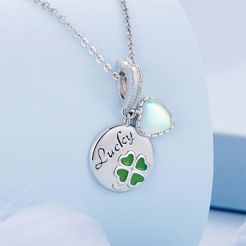 Green Four-leaf Clover Round Shape with Glass Heart Lucky Dangle Charm Silver 1