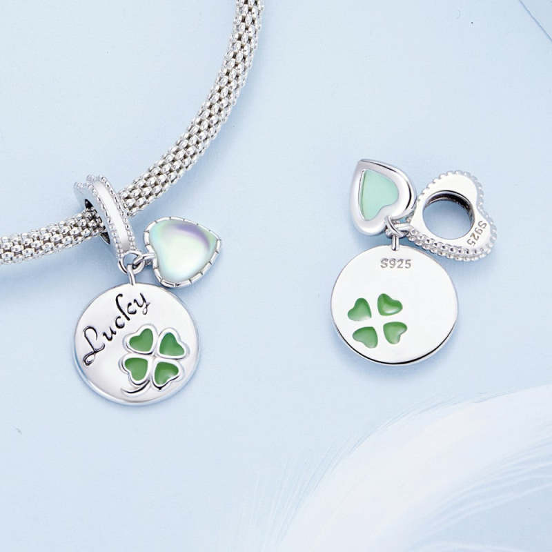 Green Four-leaf Clover Round Shape with Glass Heart Lucky Dangle Charm Silver 2