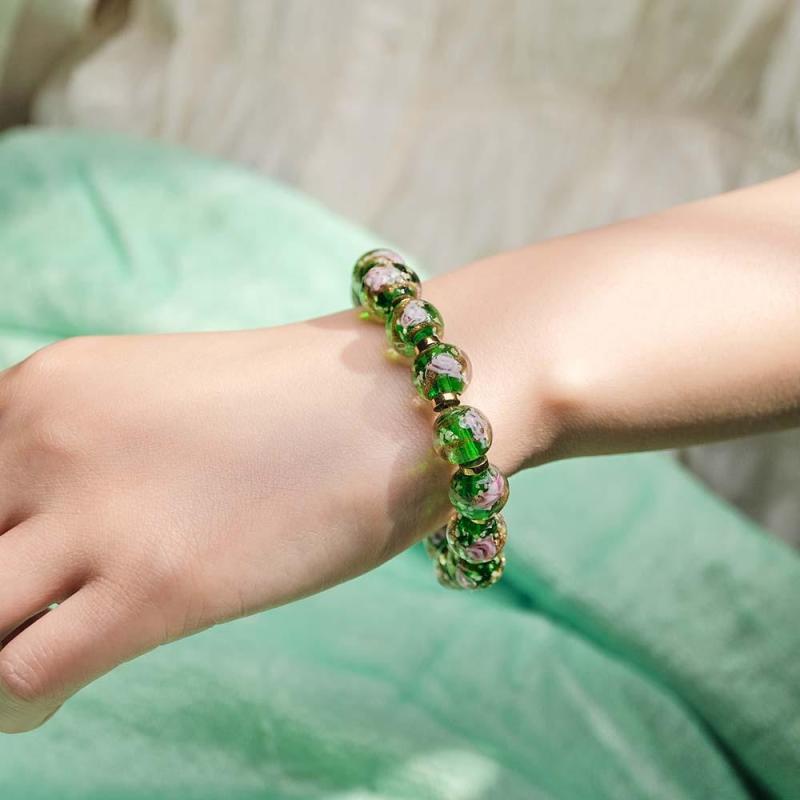 Green with Flowers Firefly Glass Stretch Beaded Bracelet Glow in the Dark Luminous Bracelet 4