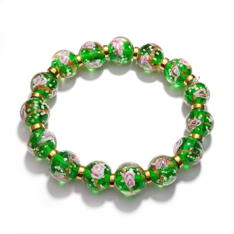 Green with Flowers Firefly Glass Stretch Beaded Bracelet Glow in the Dark Luminous Bracelet