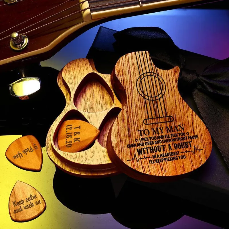 Guitar Wood Picks Box Guitar-shaped Picks Box Plectrum Container 3PCS Guitar Pick 1