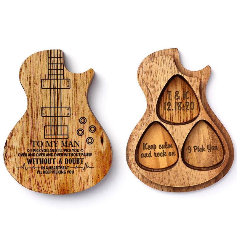 Guitar Wood Picks Box Guitar-shaped Picks Box Plectrum Container 3PCS Guitar Pick 6