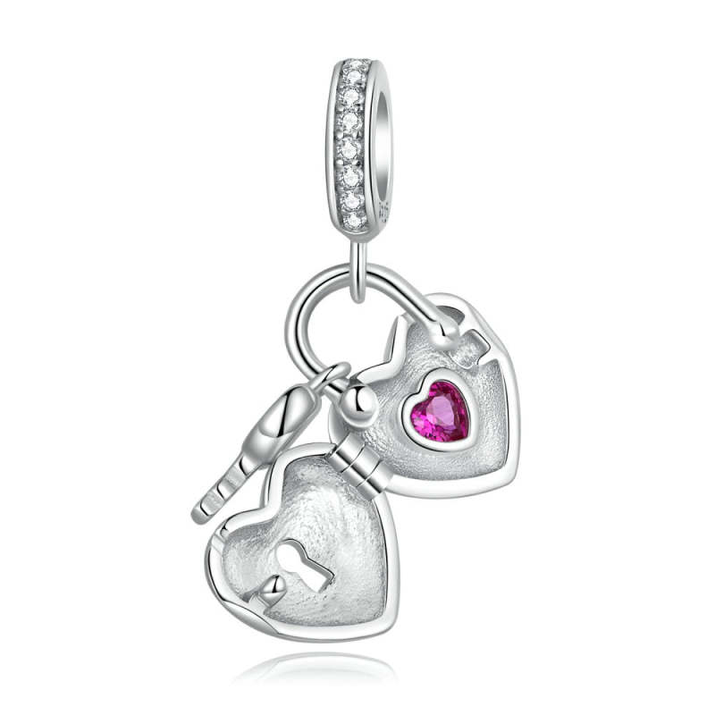 Heart Lock and Key Dangle Charm Silver