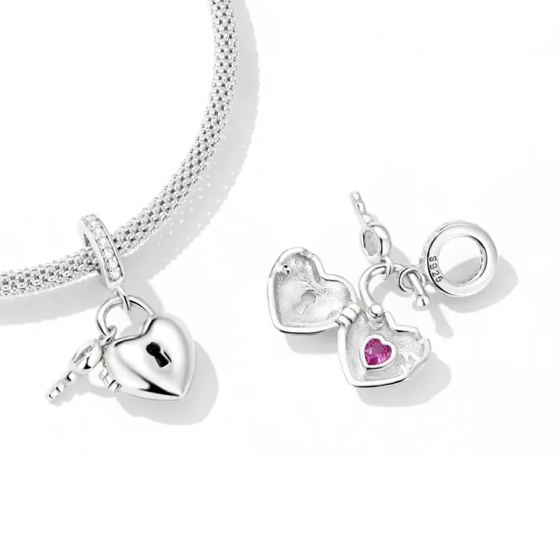 Heart Lock and Key Dangle Charm Silver 2