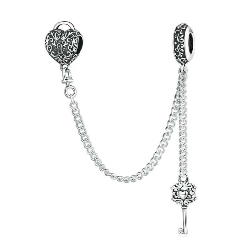 Heart Lock Key Safety Charm Chain Silver