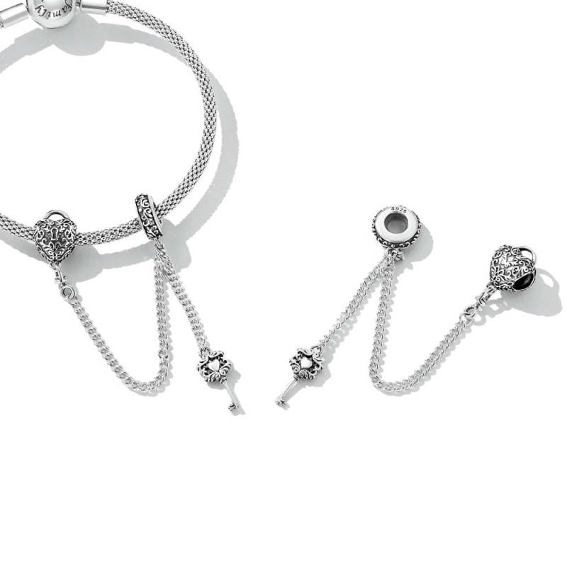 Heart Lock Key Safety Charm Chain Silver 2