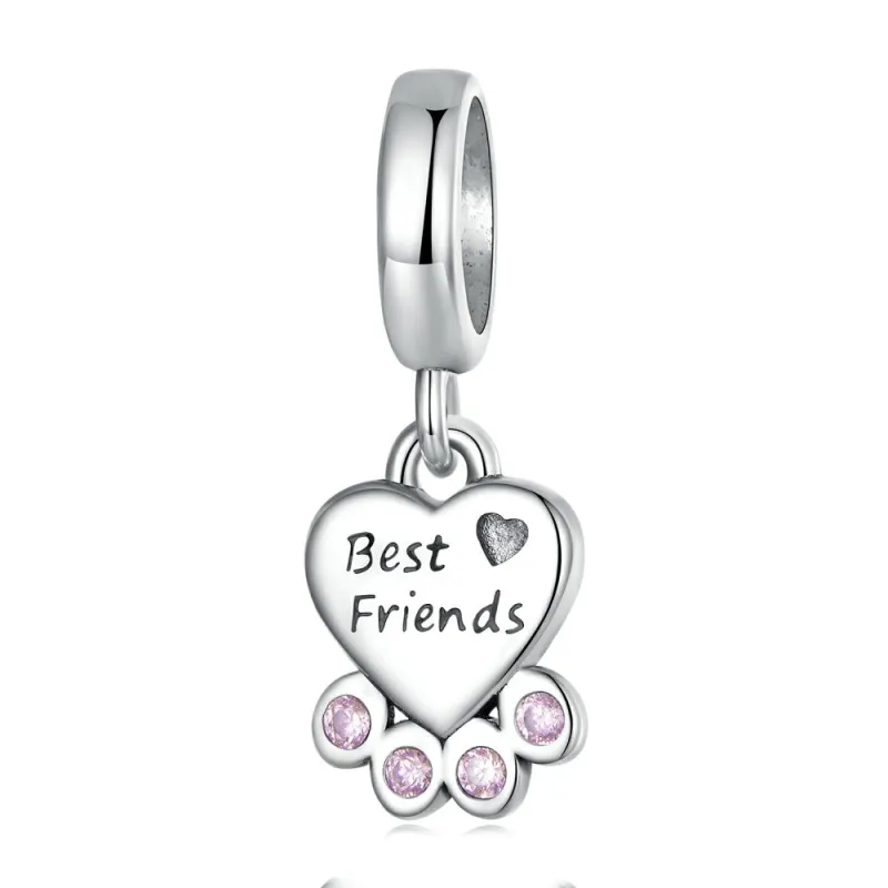 Heart Paw Dangle Charm Silver Gifts for Best Friends