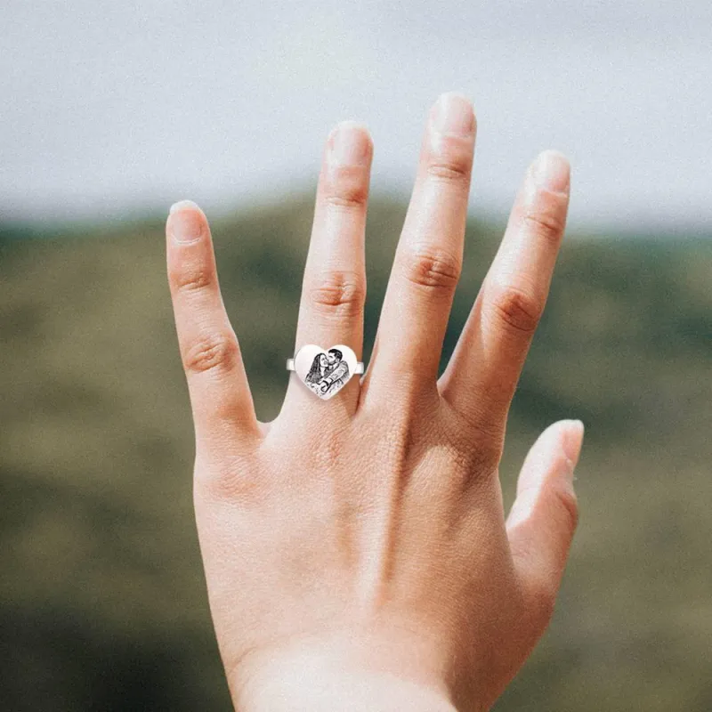 Heart Photo Engraved Ring with Engraving Platinum Plated Silver 2