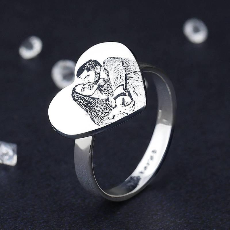 Heart Photo Engraved Ring with Engraving Platinum Plated Silver 3