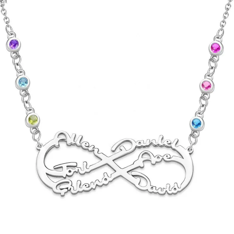 Infinity Necklace with Custom Birthstone Name Necklace  Silver Family Gifts