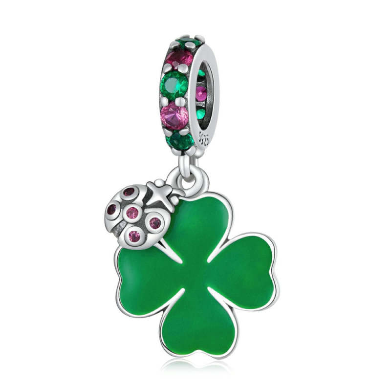 Ladybug and Four-leaf Clover Dangle Charm Silver