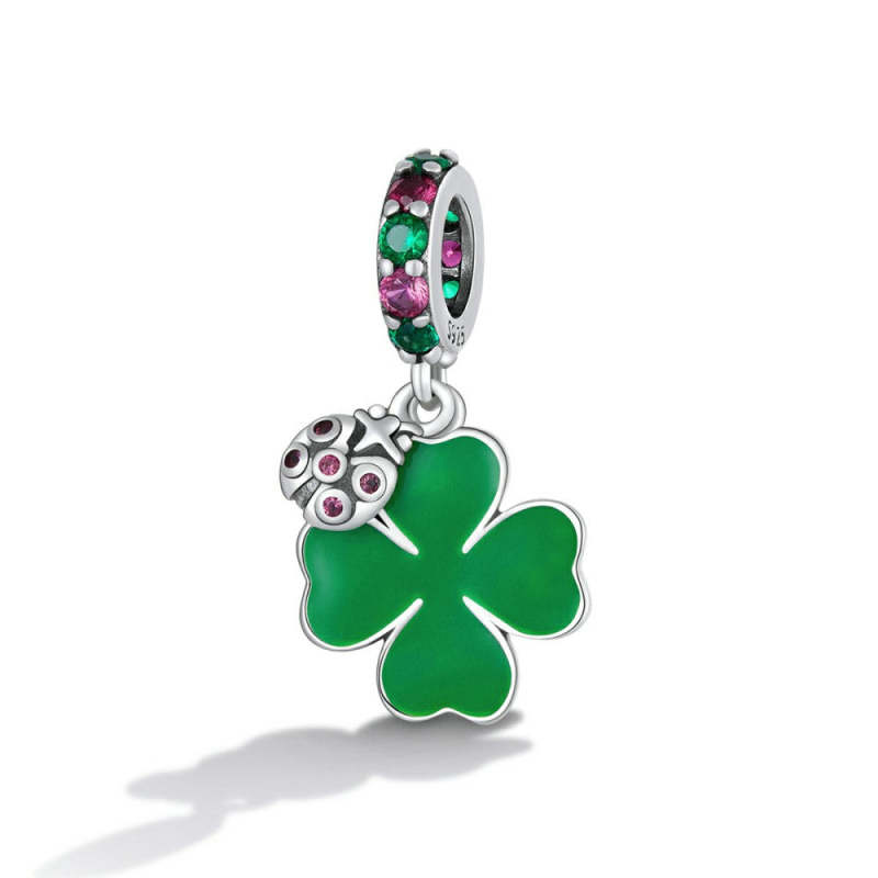 Ladybug and Four-leaf Clover Dangle Charm Silver 1