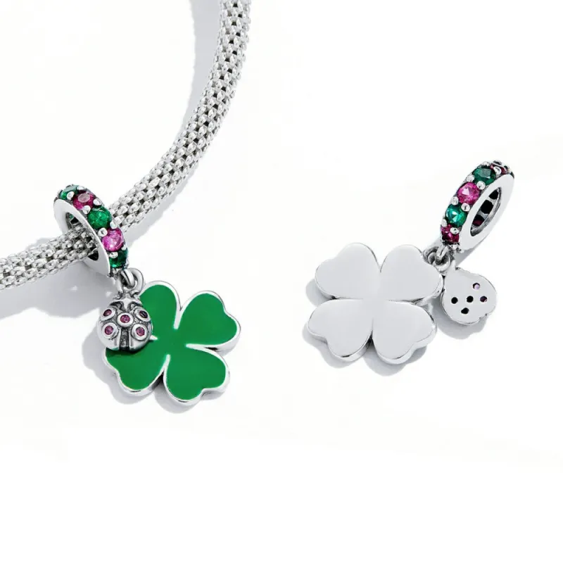 Ladybug and Four-leaf Clover Dangle Charm Silver 2