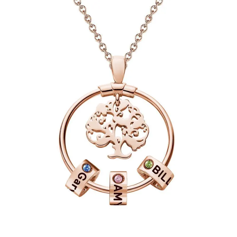 Life Tree Engraved Necklace With Custom One Birthstone  Gifts - Rose Gold 3