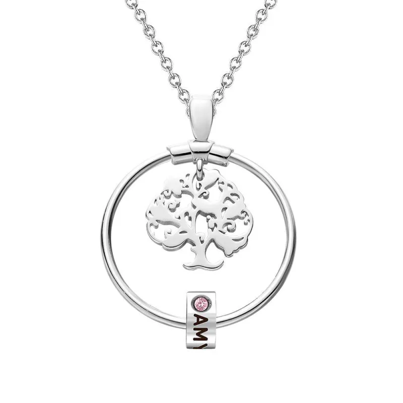 Life Tree Engraved Necklace With Custom One Birthstone Gifts - Silver