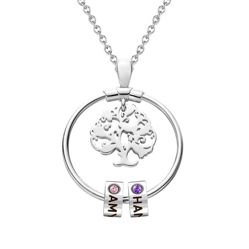 Life Tree Engraved Necklace With Custom One Birthstone Gifts - Silver 1