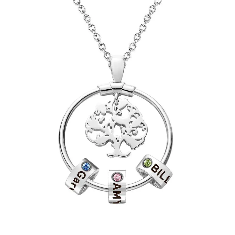 Life Tree Engraved Necklace With Custom One Birthstone Gifts - Silver 2