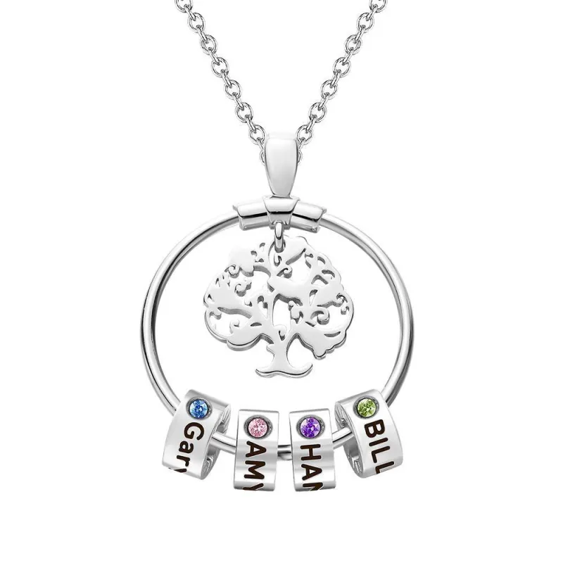 Life Tree Engraved Necklace With Custom One Birthstone Gifts - Silver 3