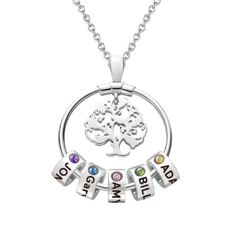 Life Tree Engraved Necklace With Custom One Birthstone Gifts - Silver 4