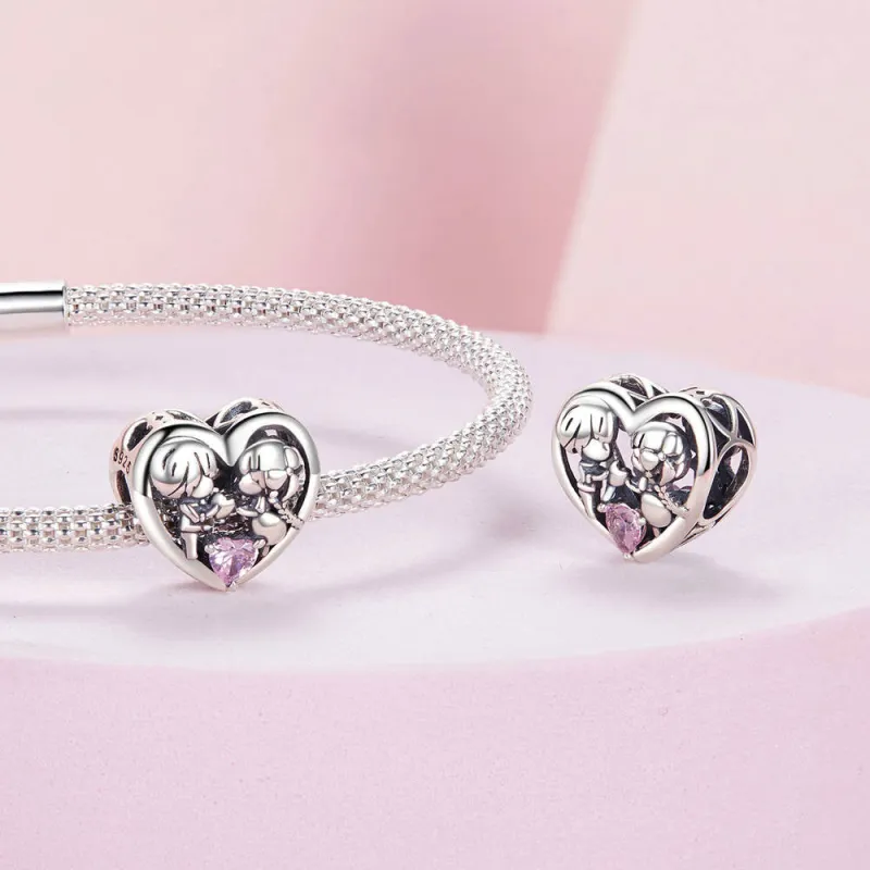 Little Boy and Girl Diamond Hearts Charm Silver Christmas Gifts 2