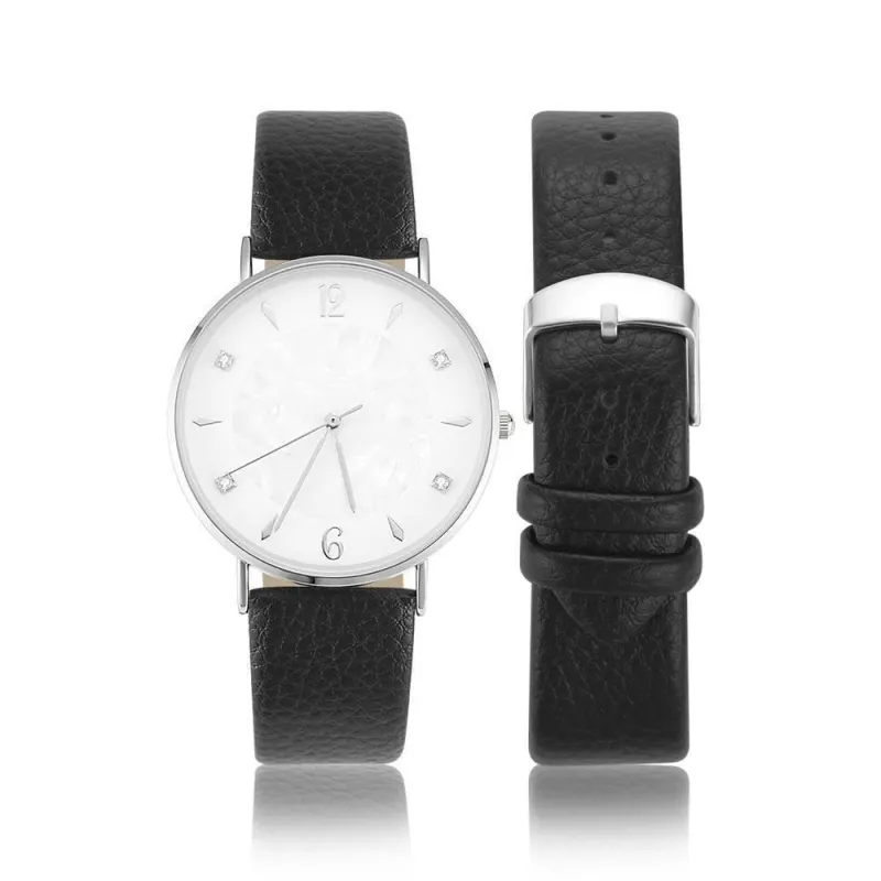 Marble Dial Watch Black Leather Strap - Men's 4