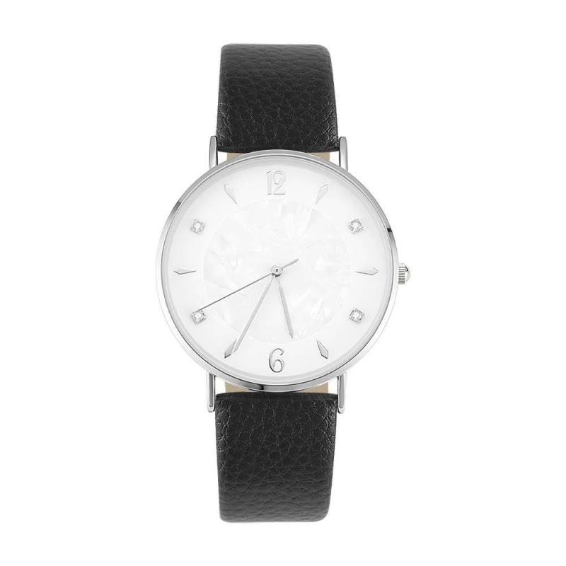 Marble Dial Watch Black Leather Strap - Women's