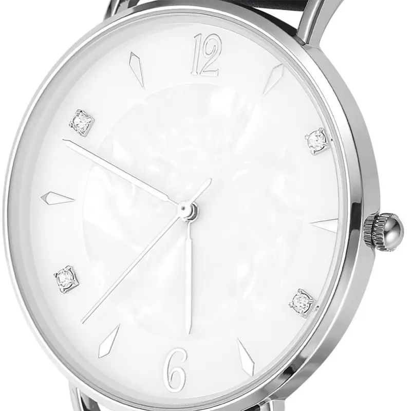 Marble Dial Watch Black Leather Strap - Women's 1