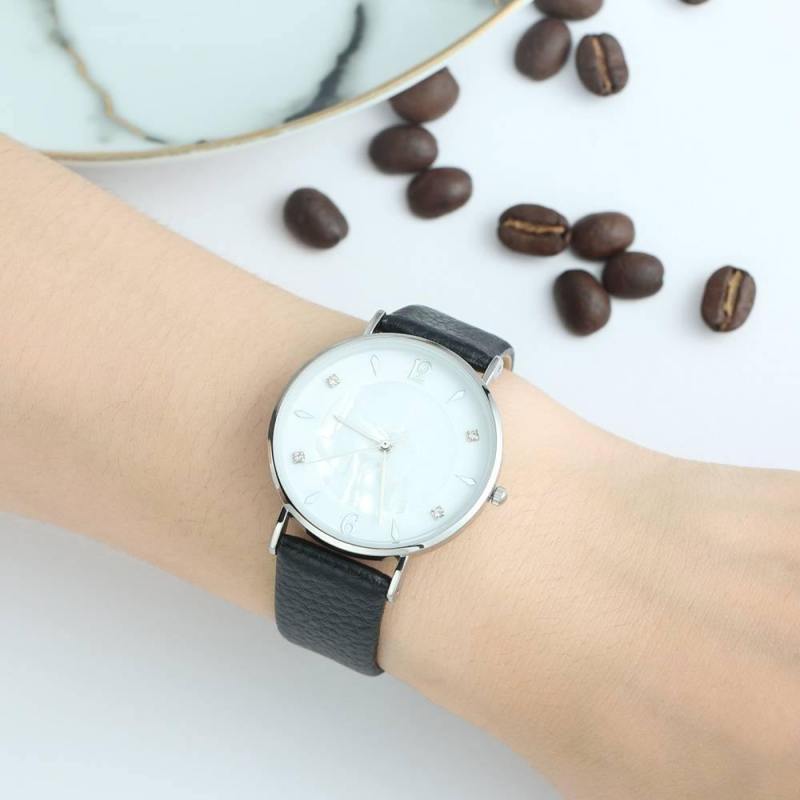 Marble Dial Watch Black Leather Strap - Women's 6