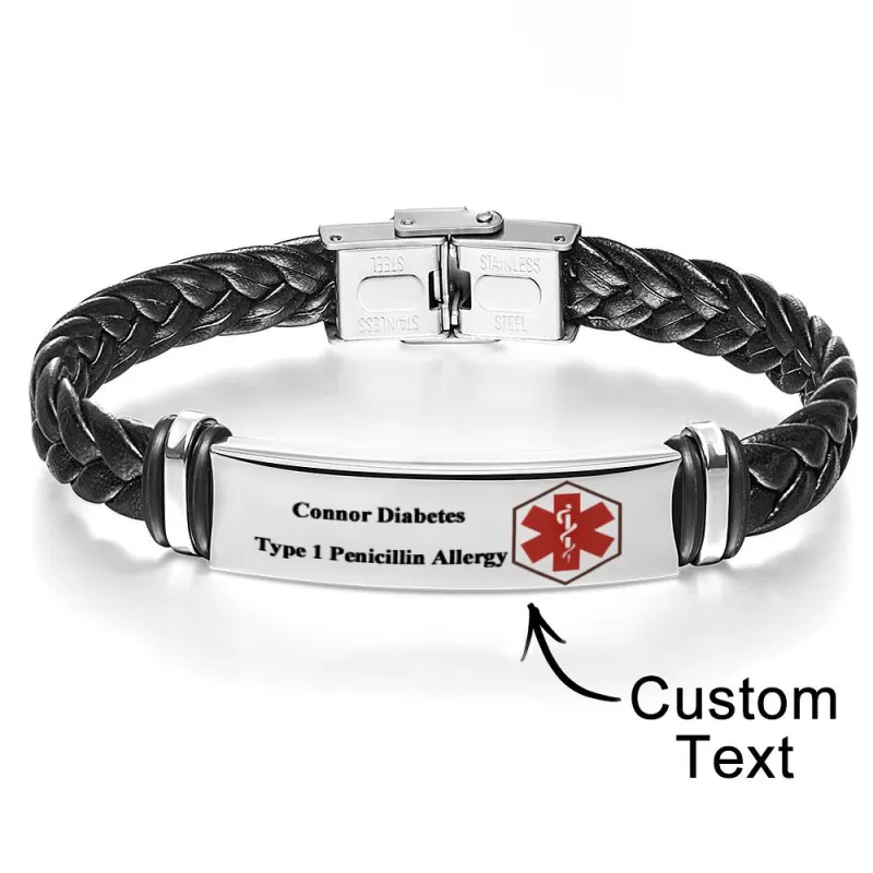 Medical Alert Leather Bracelet | Free Custom Personalized Engraving Jewelry Emergency Contact SOS Medic ID Name Waterproof Unisex