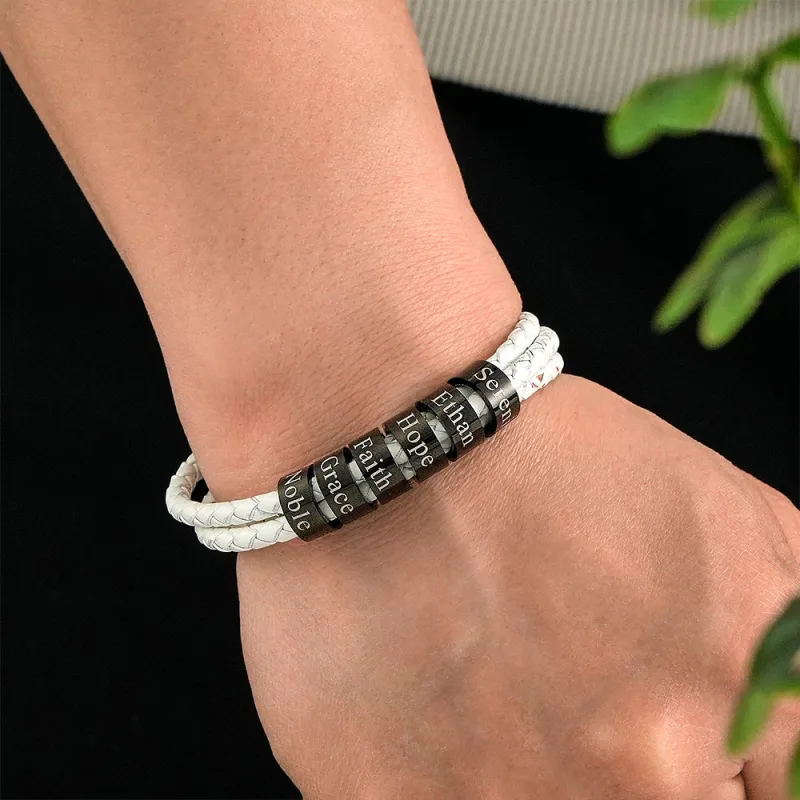 Men Braided Leather Bracelet with Small Custom Beads