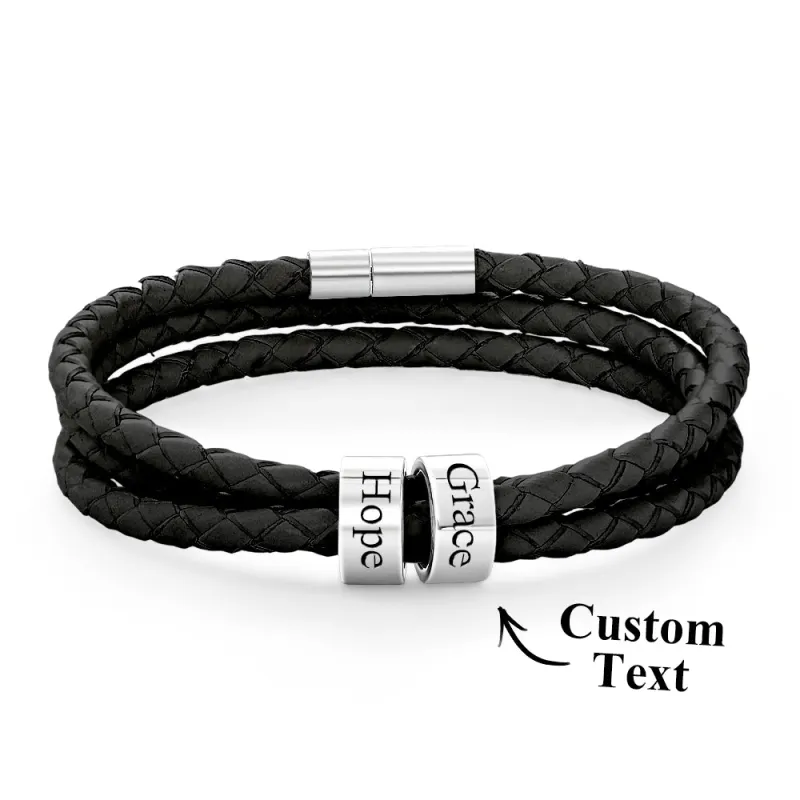 Men Braided Leather Bracelet with Small Custom Beads 3