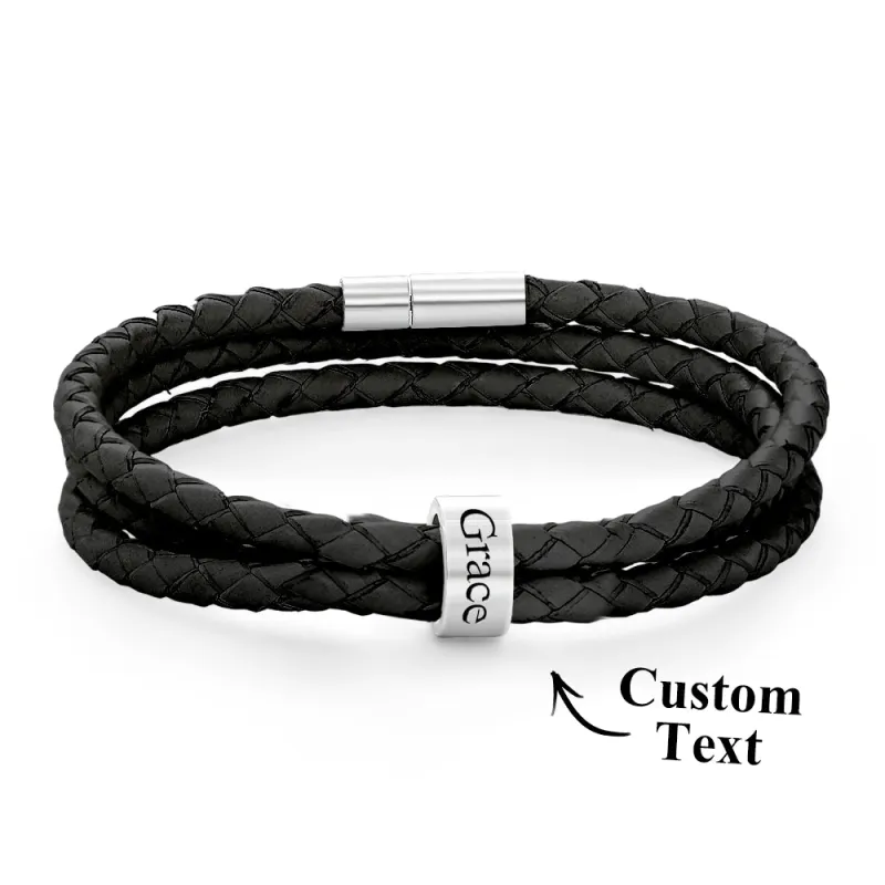 Men Braided Leather Bracelet with Small Custom Beads 4