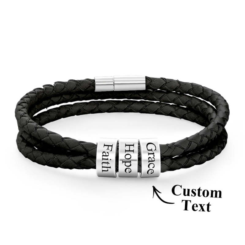 Men Braided Leather Bracelet with Small Custom Beads 5