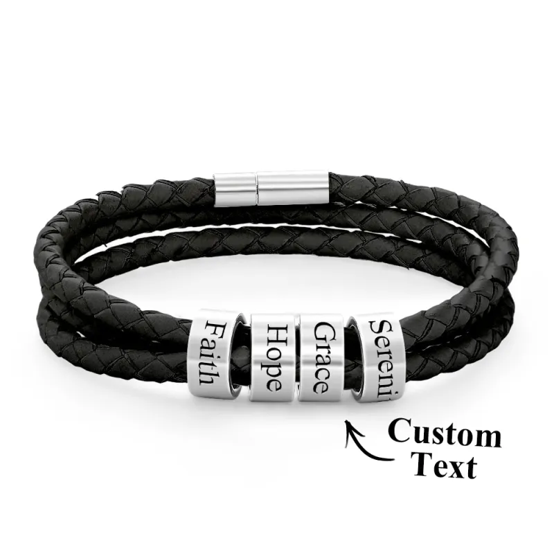 Men Braided Leather Bracelet with Small Custom Beads 6