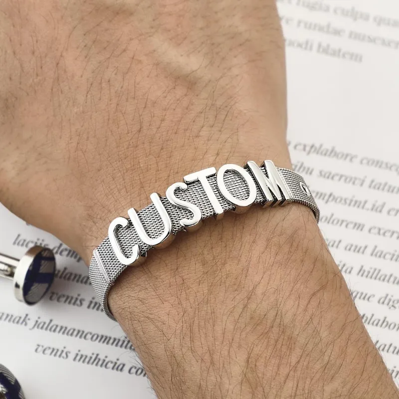 Men Wristband Custom Punk Jewelry Wide Nylon Band Bracelet DIY Custom 1-8 Initial Letter Charm 3