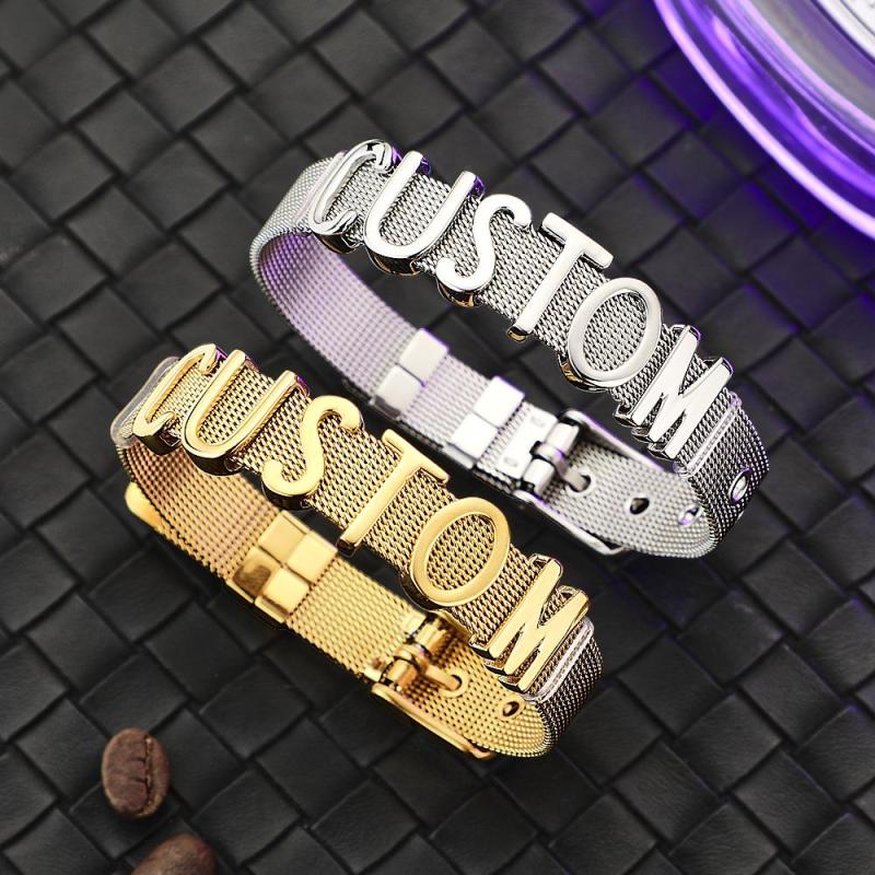 Men Wristband Custom Punk Jewelry Wide Nylon Band Bracelet DIY Custom 1-8 Initial Letter Charm 2