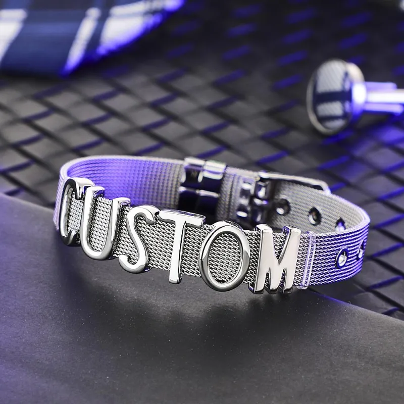 Men Wristband Custom Punk Jewelry Wide Nylon Band Bracelet DIY Custom 1-8 Initial Letter Charm 1