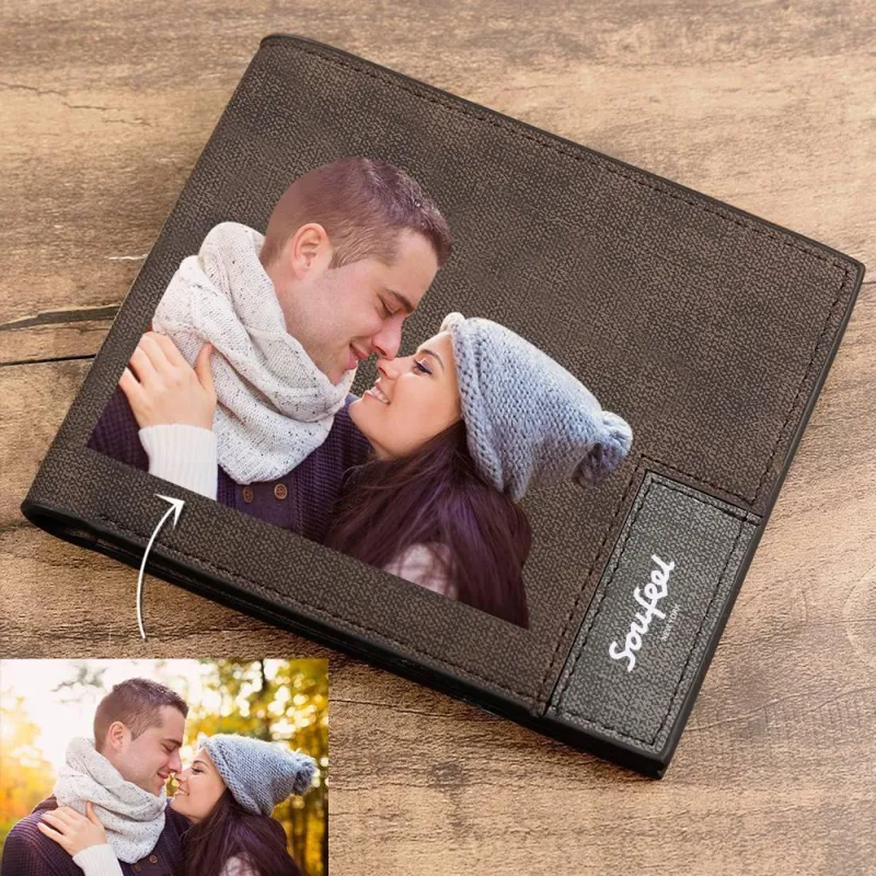 Men's Bifold Custom Inscription Photo Wallet - Coffee Leather