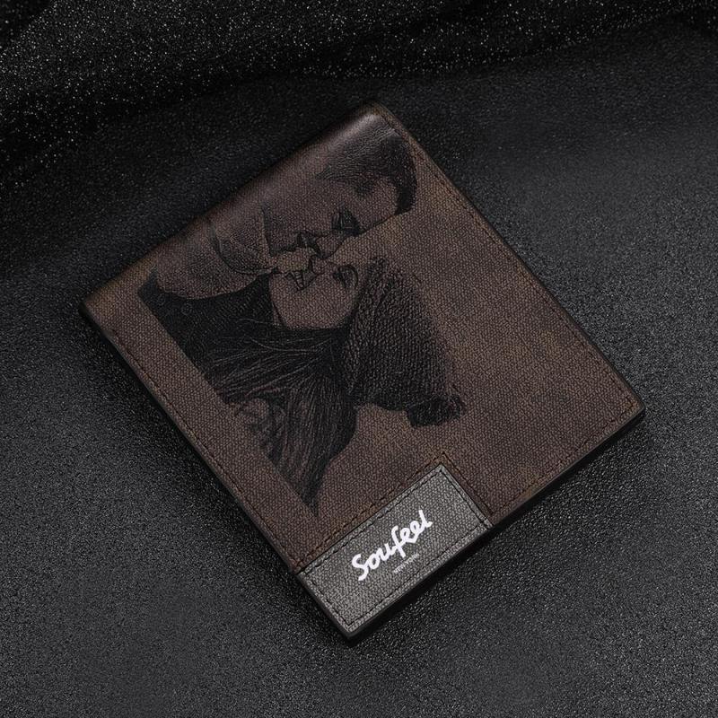 Men's Bifold Custom Inscription Photo Wallet Two Pictures - Coffee Leather 1