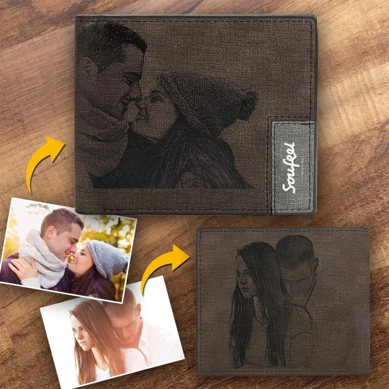 Men's Bifold Custom Inscription Photo Wallet Two Pictures - Coffee Leather 5