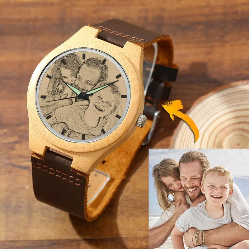 Men's Engraved Bamboo Photo Watch Brown Leather Strap 45mm